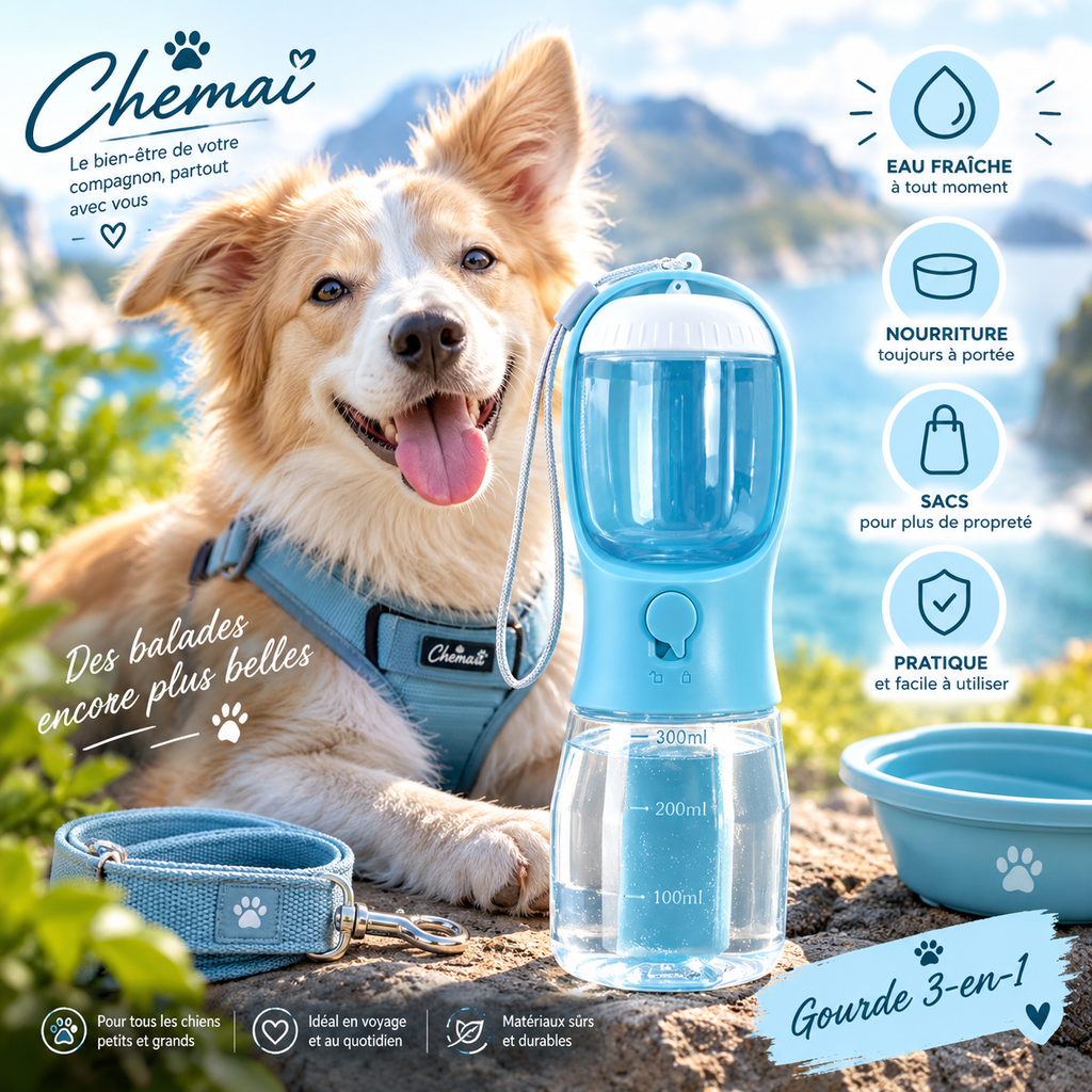 Gourde 3-en-1 pour Chien – Eau, Croquettes & Sacs