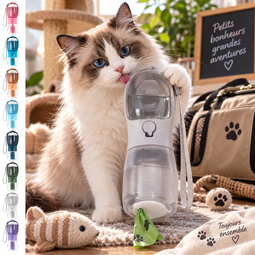 Gourde 3-en-1 pour Chien – Eau, Croquettes & Sacs