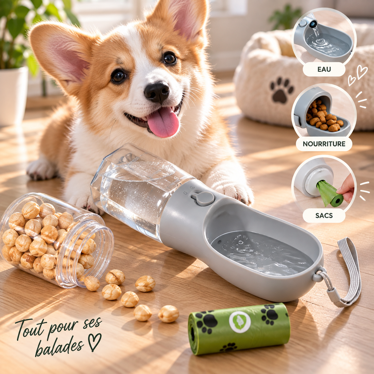 Gourde 3-en-1 pour Chien – Eau, Croquettes & Sacs