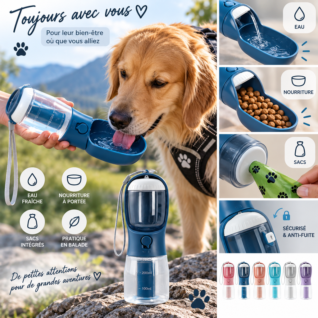 Gourde 3-en-1 pour Chien – Eau, Croquettes & Sacs