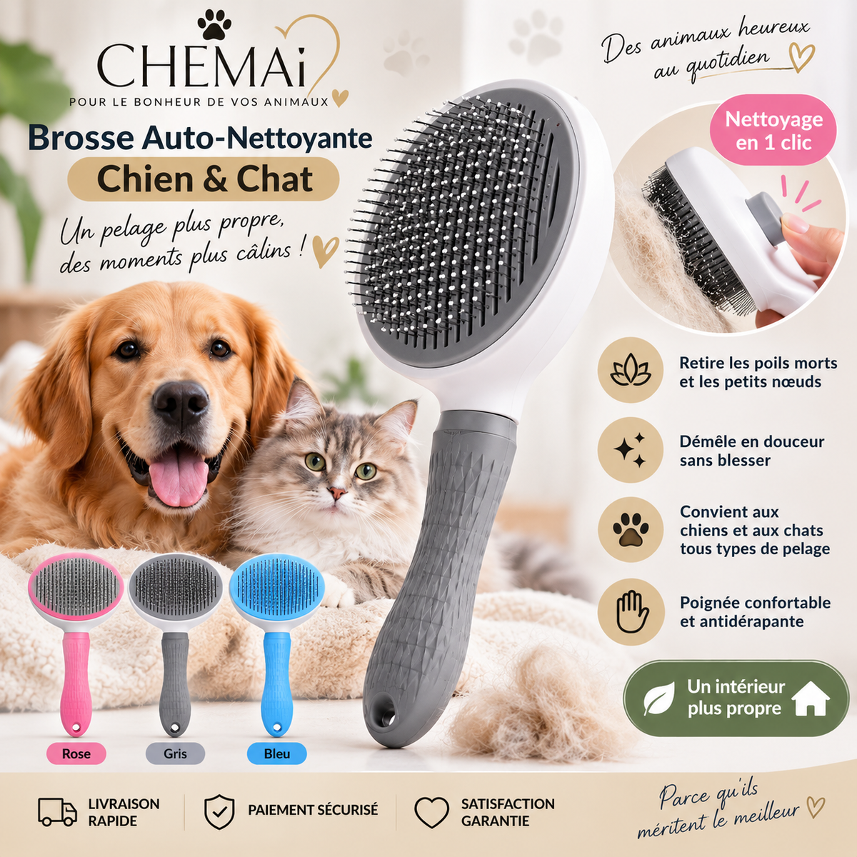 Brosse Auto-Nettoyante Chien & Chat – Retire les Poils en 1 Clic