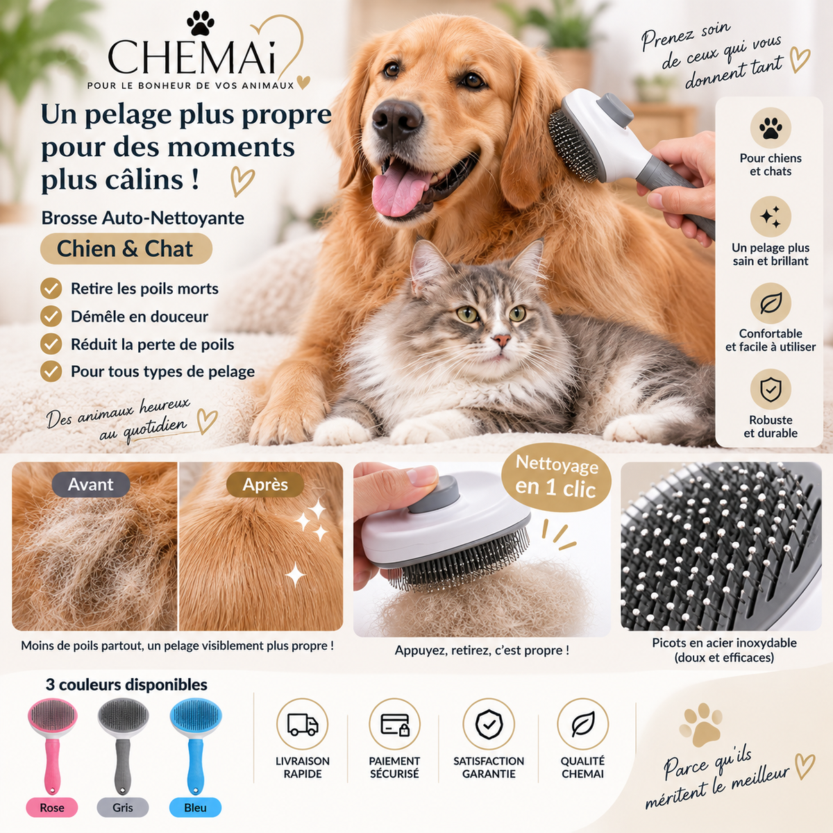 Brosse Auto-Nettoyante Chien & Chat – Retire les Poils en 1 Clic