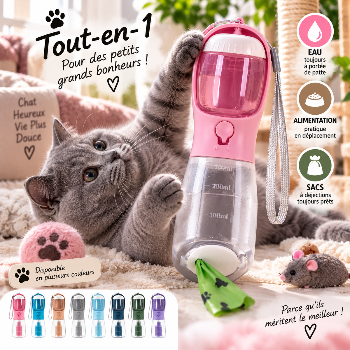 Gourde 3-en-1 pour Chien – Eau, Croquettes & Sacs