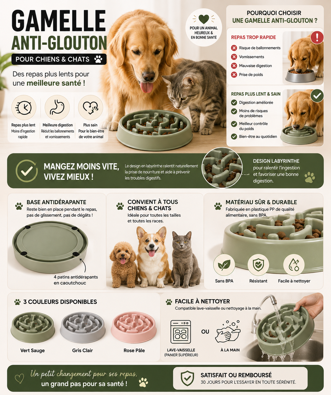 Gamelle anti-glouton chien et chat - repas plus lent, bénéfices et couleurs