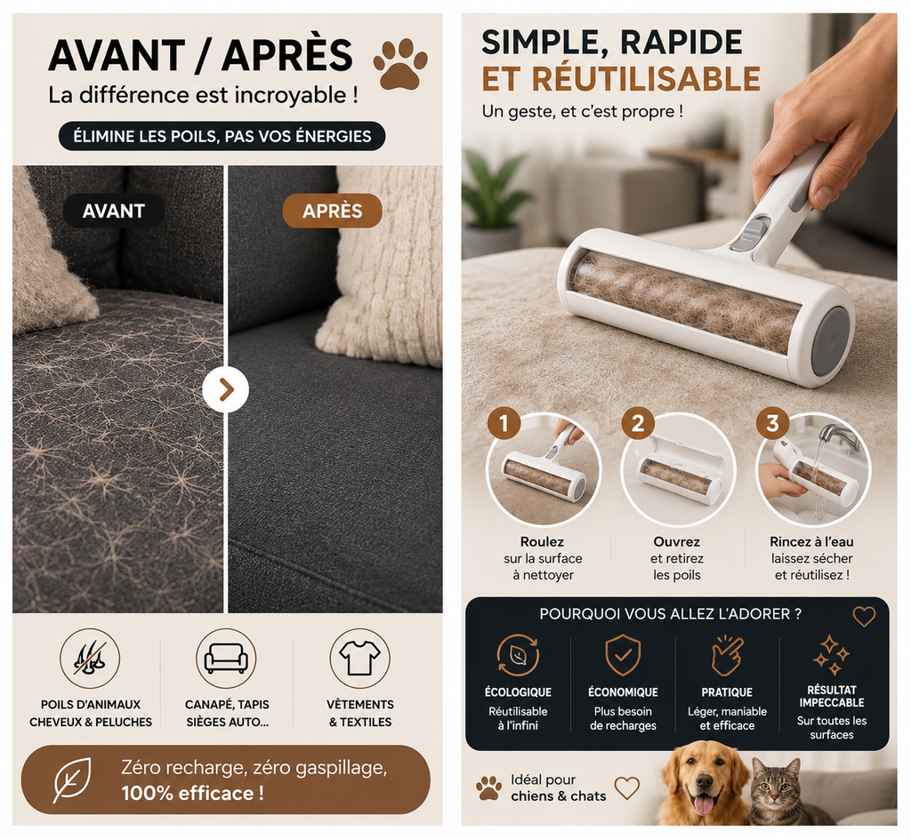 Rouleau anti-poils réutilisable - avant après et mode d'emploi