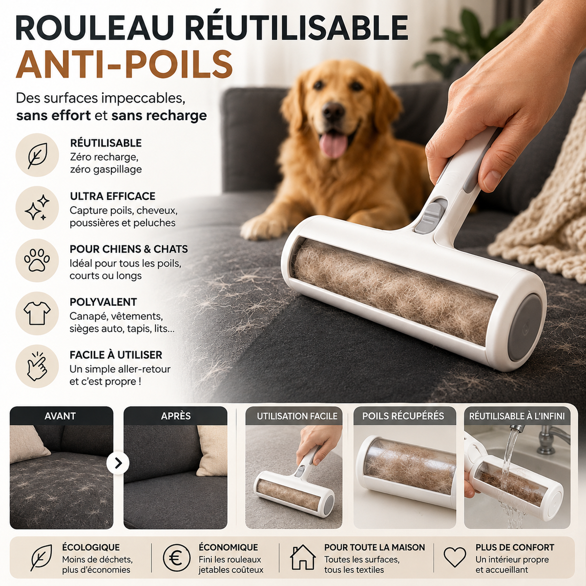 Rouleau réutilisable anti-poils chien et chat - bénéfices et utilisation